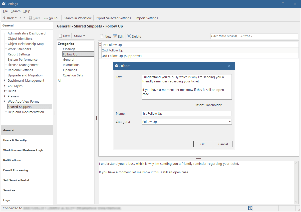 Screenshot of an Alloy Navigator interface displaying the setup of a canned response in the software settings.