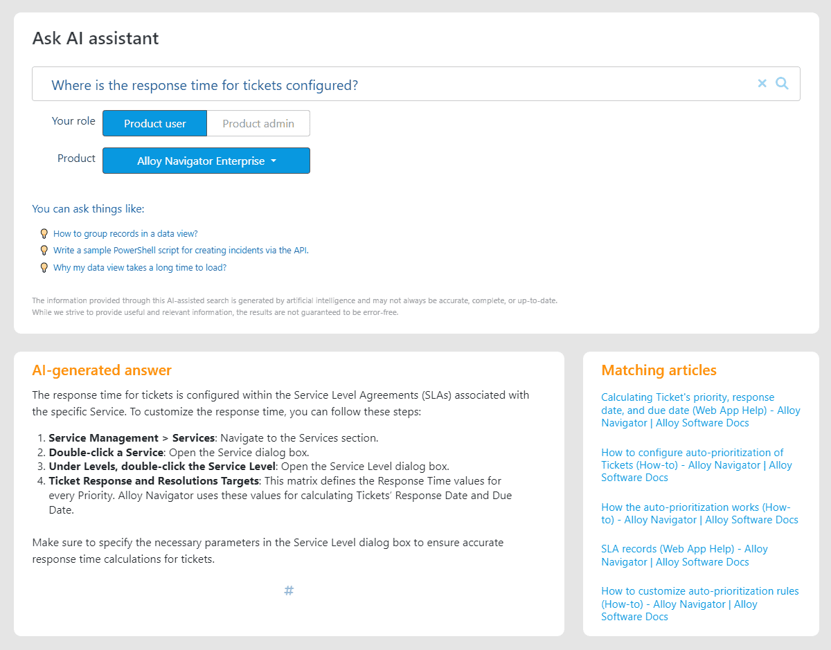 AI documentation search interface displaying search results with document titles, descriptions, and a search bar on a computer screen with a blue and white design