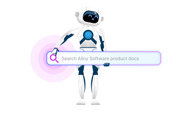 AI documentation search interface on a computer screen with a search bar, search results including titles and descriptions, blue and white theme