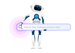 AI documentation search interface on a computer screen with a search bar, search results including titles and descriptions, blue and white theme