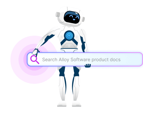 AI documentation search interface on a computer screen with a search bar, search results including titles and descriptions, blue and white theme