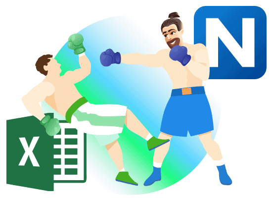 Illustration of a boxing match between two men, one in blue and one in green, with a knocked-out figure and a database icon.