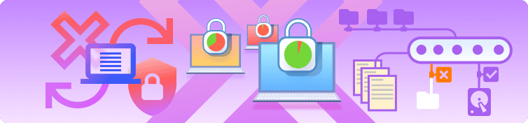Illustration of laptops with padlocks and pie charts on their screens, symbolizing asset management and security.