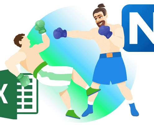 Illustration of a boxing match between two men, one in blue and one in green, with a knocked-out figure and a database icon.