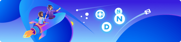 Abstract graphic with blue and purple gradients, showing icons of a life preserver and the letter D.