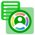 Icon representing user management, with overlapping images of a user profile symbol and documents in green and light green colors.