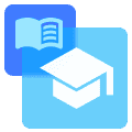 Icon representing education and training, with overlapping images of an open book and a graduation cap in blue and light blue colors.
