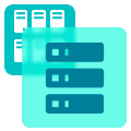 Icon representing servers or data storage, with overlapping images of server racks in a blue and teal color scheme.