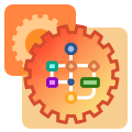 Icon representing process automation, with overlapping images of gears and a flowchart in orange and yellow colors.