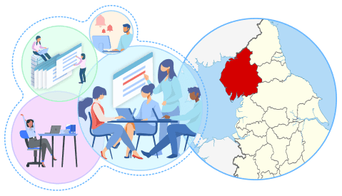 Illustration showing healthcare professionals collaborating on IT service management tasks, with a map highlighting a specific region.