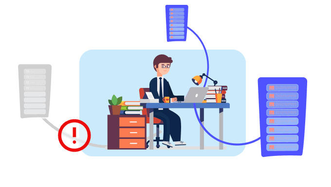 Illustration of a person working at a desk with a laptop, connected to healthcare IT systems, highlighting an alert icon indicating an issue.