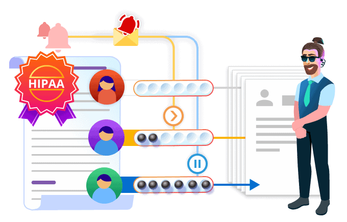 Illustration of healthcare IT service management workflow, showing tasks assigned to different team members with status indicators and a document at the end.