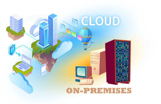 Illustration comparing cloud and on-premises IT infrastructure, showing cloud buildings floating in the sky and traditional servers and computers on the ground.