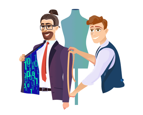 an image representing a tailor who is adjusting the suit's measures to feet the client
