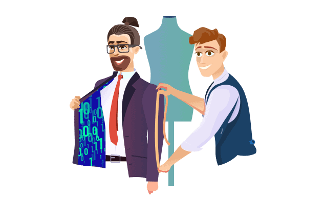 an image representing a tailor who is adjusting the suit's measures to feet the client