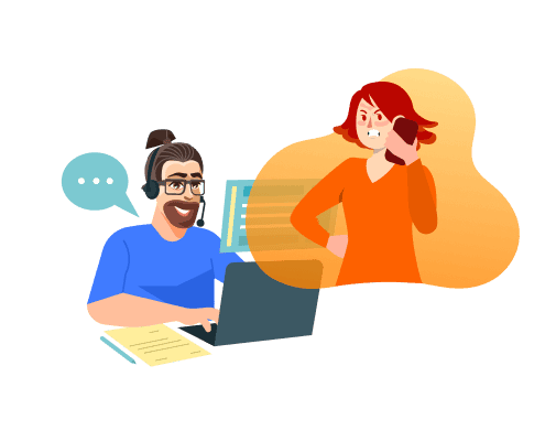 Illustration of a smiling customer support agent wearing a headset assisting a concerned female customer on a phone call with a laptop.