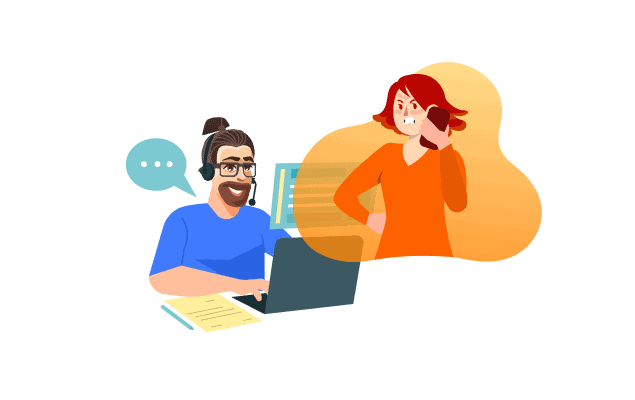 Illustration of a smiling customer support agent wearing a headset assisting a concerned female customer on a phone call with a laptop.