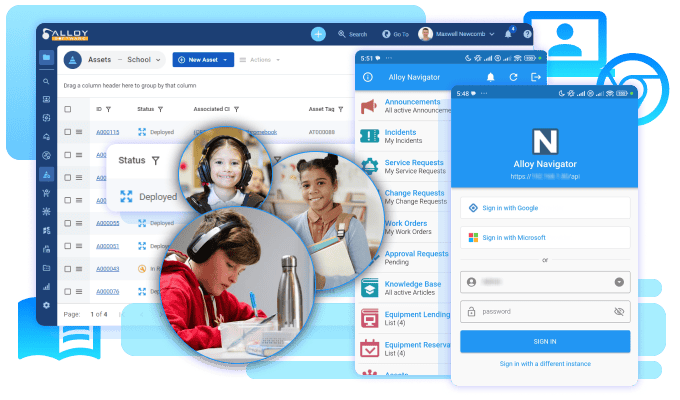 A digital collage showing Alloy Navigator software interfaces for asset management in schools, with images of children using technology in education.