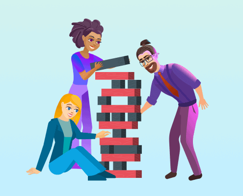 Three animated people of different appearances carefully stacking black and red blocks into a tall tower together.
