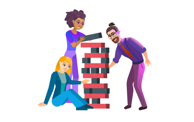 Three animated people of different appearances carefully stacking black and red blocks into a tall tower together.