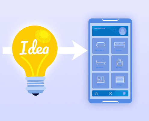 A large yellow lightbulb labeled “Idea” pointing to a mobile app screen displaying various home rooms.