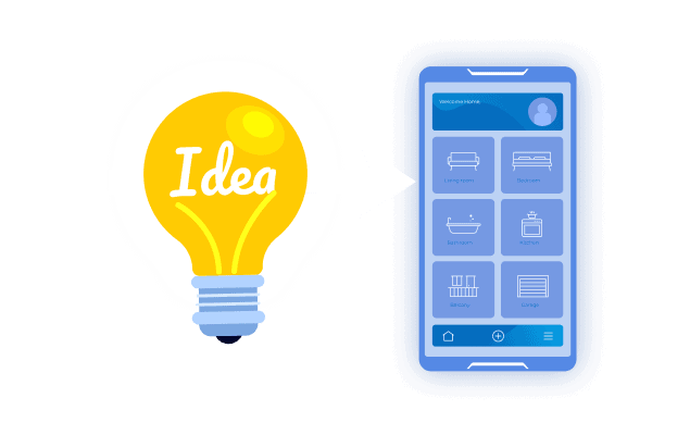 A large yellow lightbulb labeled “Idea” pointing to a mobile app screen displaying various home rooms.