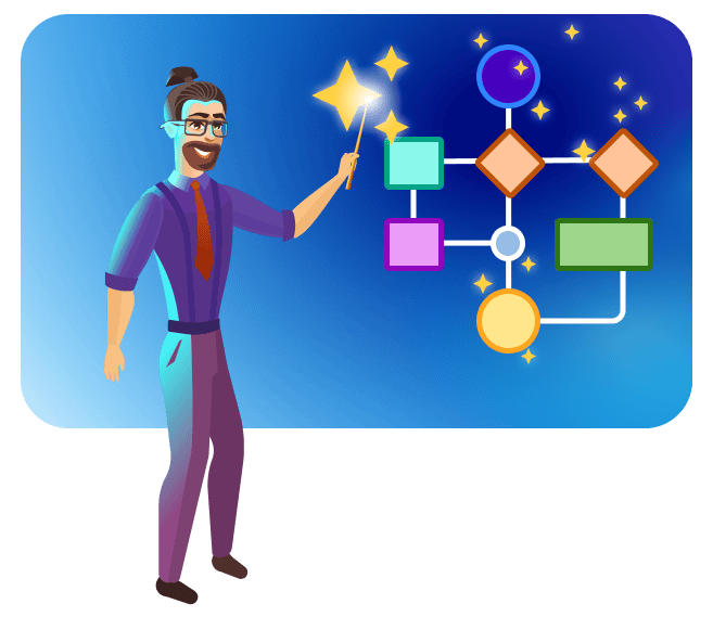 A cartoon character uses a magic wand to interact with a glowing flowchart, symbolizing AI-driven automation and workflow optimization.