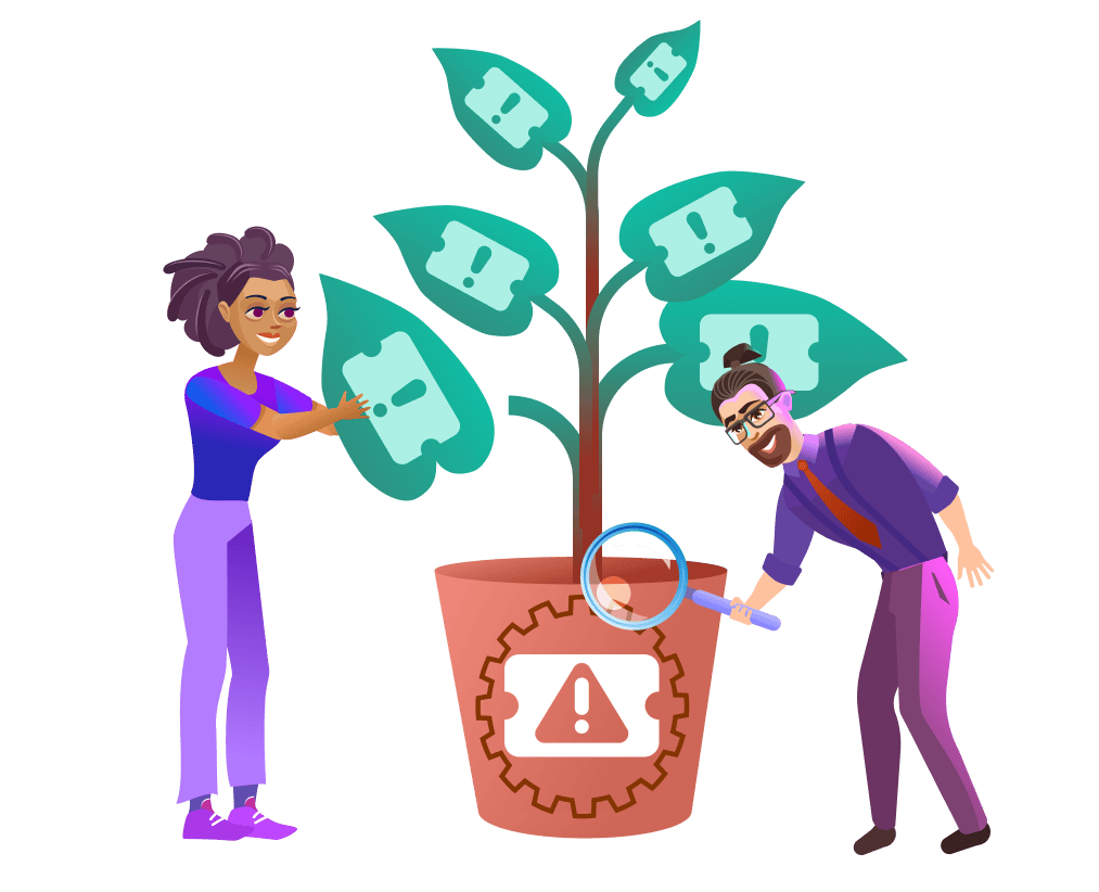 Two stylized people examine a potted plant whose ticket-shaped leaves display exclamation marks, suggesting issue or alert management.