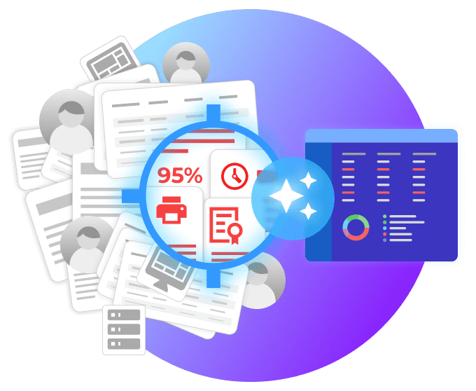 A magnifying glass over papers showing AI-powered automation, analytics, and efficiency in document management.