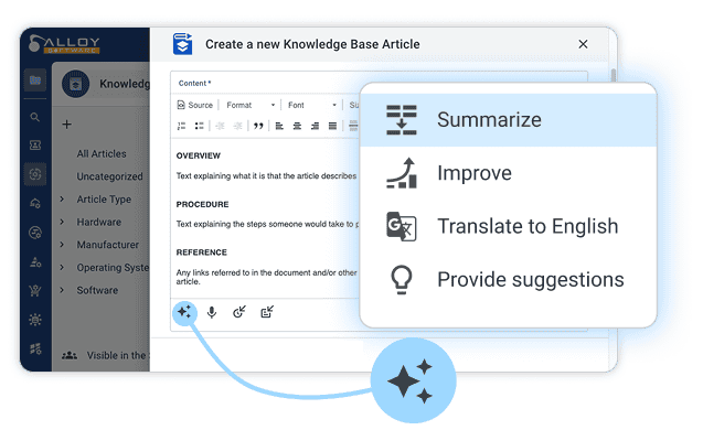 A screenshot of the Alloy Navigator interface shows an AI-powered knowledge base editor with options to summarize, improve, translate, and suggest text.