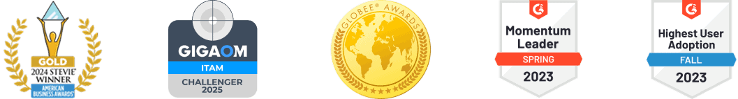 Award badges including Gold from American Business Awards, GigaOm ITAM Challenger 2025, Globee Awards, and G2 badges for 2023.