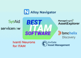 Graphic listing top ITAM software tools: ServiceNow, SysAid, BMC Helix, AssetExplorer, InvGate, Alloy Navigator, and Ivanti.