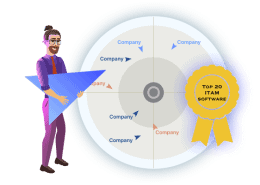 Illustration of a man with a triangle pointer next to a radar chart labeled “Top 20 ITAM Software” with company names around the target.