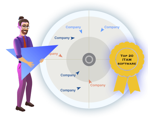 Illustration of a man with a triangle pointer next to a radar chart labeled “Top 20 ITAM Software” with company names around the target.