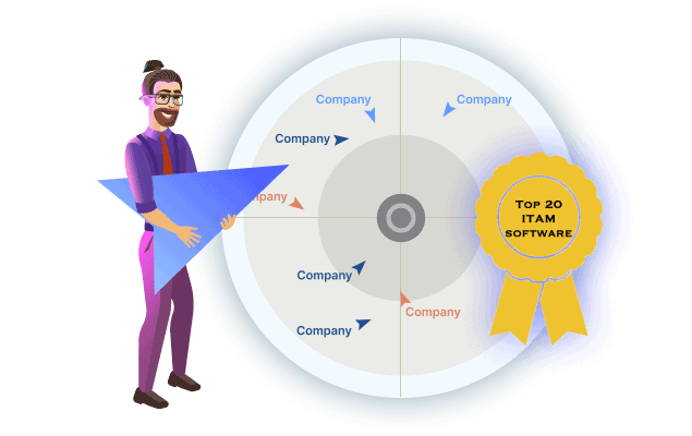 Illustration of a man with a triangle pointer next to a radar chart labeled “Top 20 ITAM Software” with company names around the target.