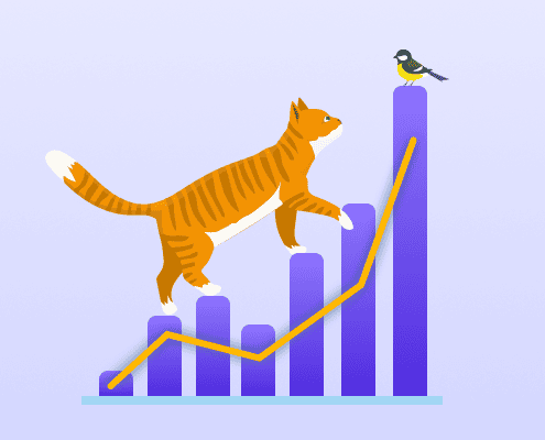 A cartoon cat walking on a bar chart with a bird perched on the highest bar, representing growth or progress.