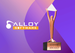 Alloy Software logo alongside a Bronze Stevie® Award trophy on a purple gradient background.