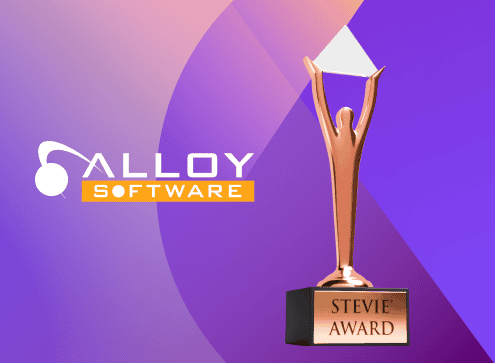 Alloy Software logo alongside a Bronze Stevie® Award trophy on a purple gradient background.