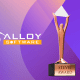Alloy Software logo alongside a Bronze Stevie® Award trophy on a purple gradient background.