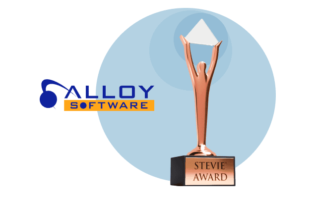 Alloy Software logo alongside a Bronze Stevie® Award trophy on a transparent background.