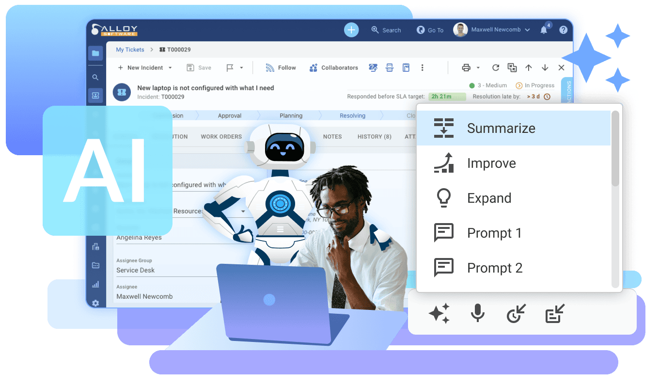 An AI-powered Alloy Navigator interface with a robot and a human character, showcasing features like summarization, improvement, and expansion.