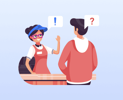 Customer service agent cheerfully assists a customer at a counter; speech bubbles show a question mark and an exclamation mark.