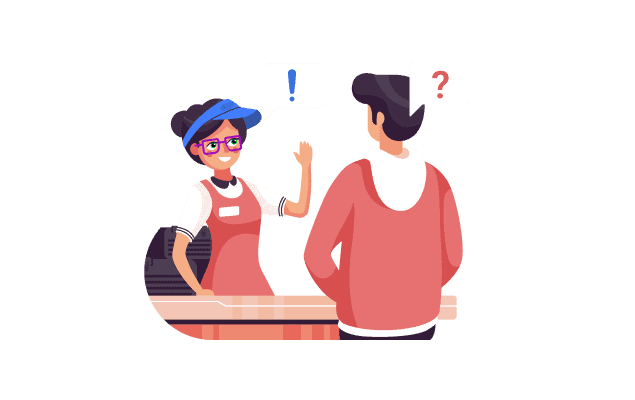 Customer service agent cheerfully assists a customer at a counter; speech bubbles show a question mark and an exclamation mark.