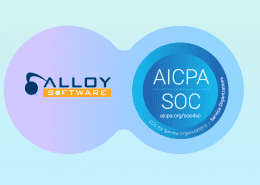 Alloy Software logo and AICPA SOC badge on a gradient background, celebrating SOC 2 compliance.