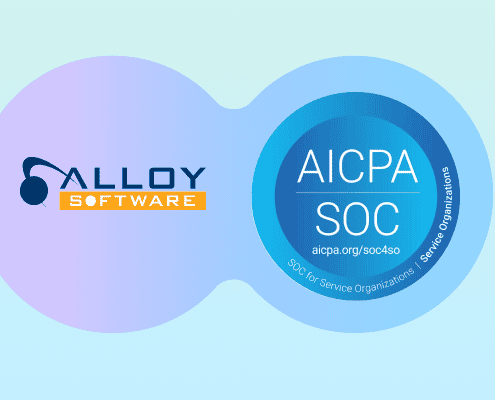 Alloy Software logo and AICPA SOC badge on a gradient background, celebrating SOC 2 compliance.