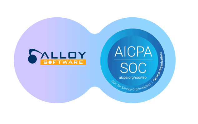 Alloy Software logo and AICPA SOC badge on a gradient background, celebrating SOC 2 compliance.