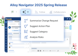 Alloy Navigator 2025 Spring Release UI showing new AI tools: summarize requests, suggest plans/categories, and analyze risks.