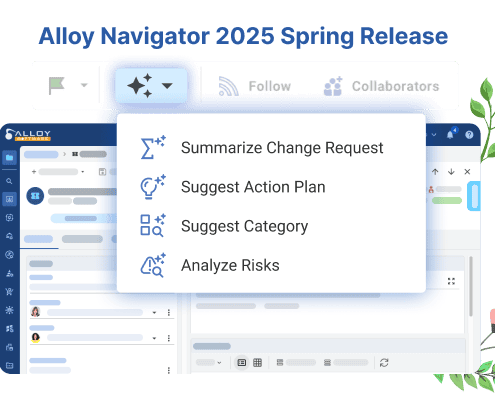 Alloy Navigator 2025 Spring Release UI showing new AI tools: summarize requests, suggest plans/categories, and analyze risks.