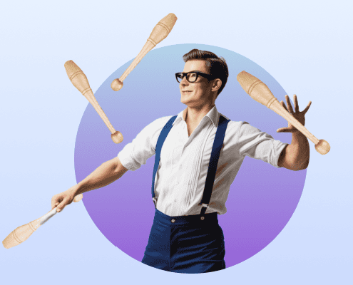 Man in suspenders and glasses juggling four clubs against a gradient circular background.
