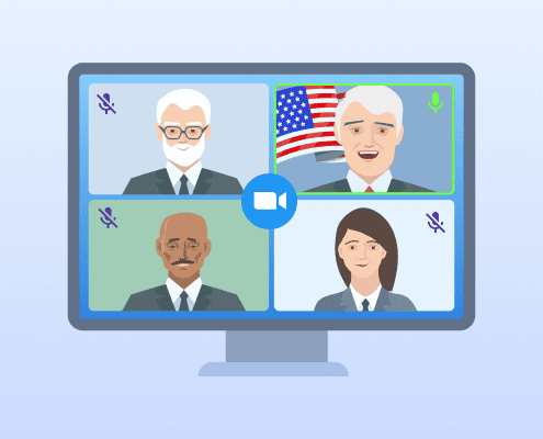 Virtual meeting with four participants; only the man with the U.S. flag background has his microphone on.